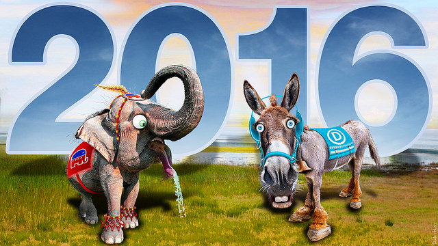 Partisan Politics - Republican Elephant and Democratic Donkey Cartoon