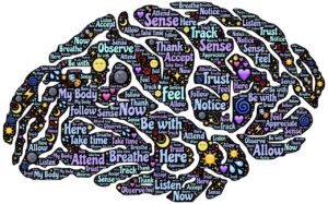 word cloud in shape of brain with words like sense, feel, track, observe, notice; all characteristics related to paying attention